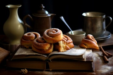 Delicious cinnamon buns, creamy coffee, and a captivating book. See traditional Swedish kanelbullar buns. Generative AI