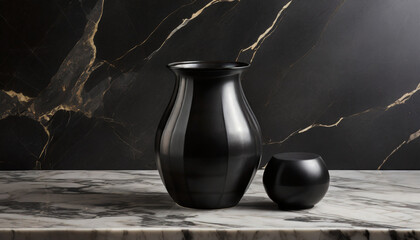 black ceramic vase table against black marble background with copy space high quality photo - obrazy, fototapety, plakaty