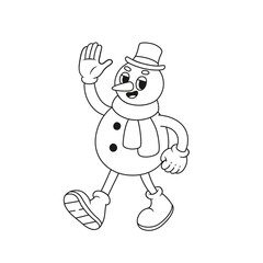 Funny retro snowman character. Vector illustration in line style.