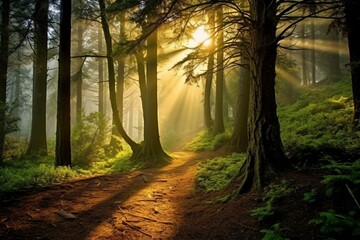 A misty forest path with sunlight filtering through the trees. Generative AI
