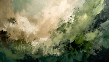 abstract oil painting of a cream and beige dust colored paint colliding with a dark forest green...