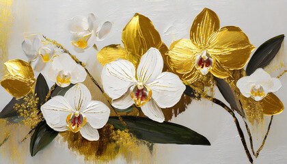 abstract floral oil painting gold and white orchids on white background