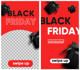 Black friday sale for social media, instagram stories and post, mobile app, banners, cards. Set of 2 stories template with gift box.