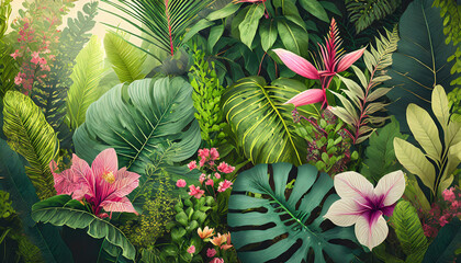 ai generated ai generative notanical herbal exotic tropical plants herbs flowers botanical foliage background nature jungle lanfscape graphic art