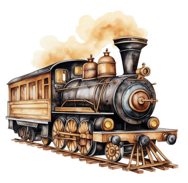 Watercolor train toy. Generative AI, png image.
