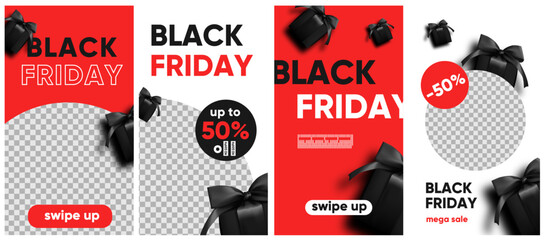 Black friday sale for social media, instagram stories and post, mobile app, banners, cards. Set of 4 stories template with gift box.
