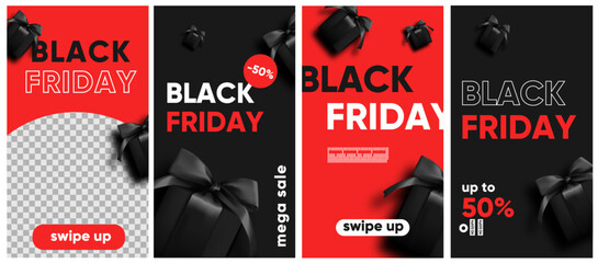 Black friday sale for social media, instagram stories and post, mobile app, banners, cards. Set of 4 stories template with gift box.