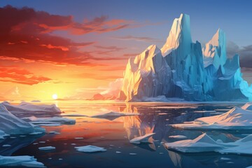 big iceberg in cold winter landscape at sunset