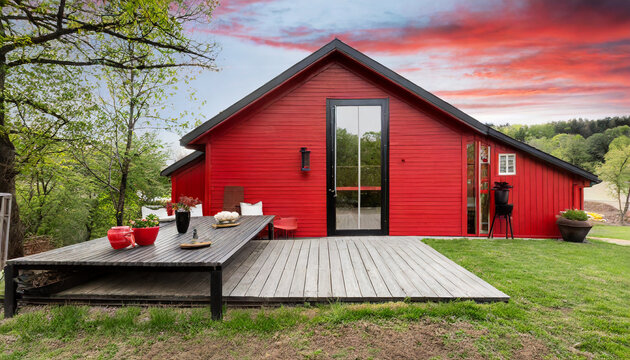 red contemporary barndominium modern farmhouse living with outdoor entertainment area