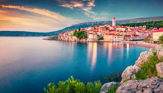 breathtaking evening cityscape of vrbnik town dramatic summer seascape of adriatic sea krk island croatia europe beautiful world of mediterranean countries traveling concept background