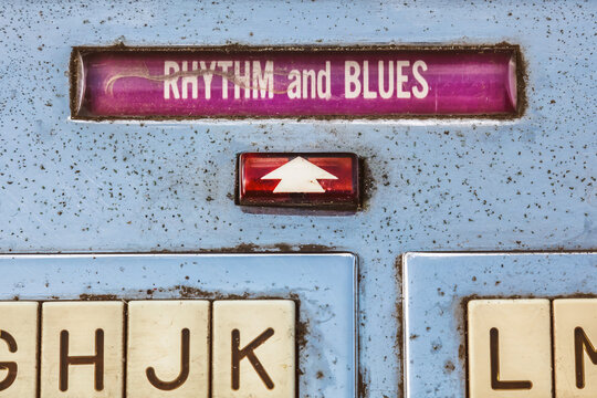 Close up of a vintage jukebox with a text label Rhytm and Blues