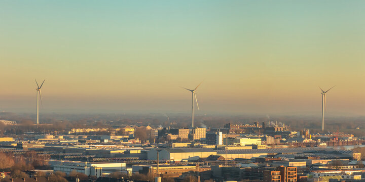 Sunset view of the Dutch Kleefse Waard industrial area in Arnhem, The Netherlands