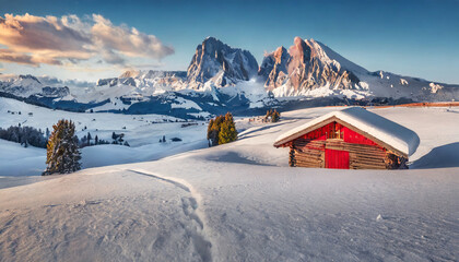 christmas postcard with red chalet perfect winter view of alpe di siusi village with plattkofel peak on background exciting morning view of dolomite alps wonderful outdoor scene of ityaly europe