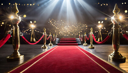 red carpet rolling out in front of glamorous movie premiere background