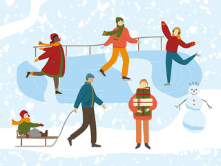 Winter ice rink illustration with happy people. Vector men and women skating, girl standing with Christmas gift boxes, father pulling sled with smiling kid. Wintertime outdoor activities background