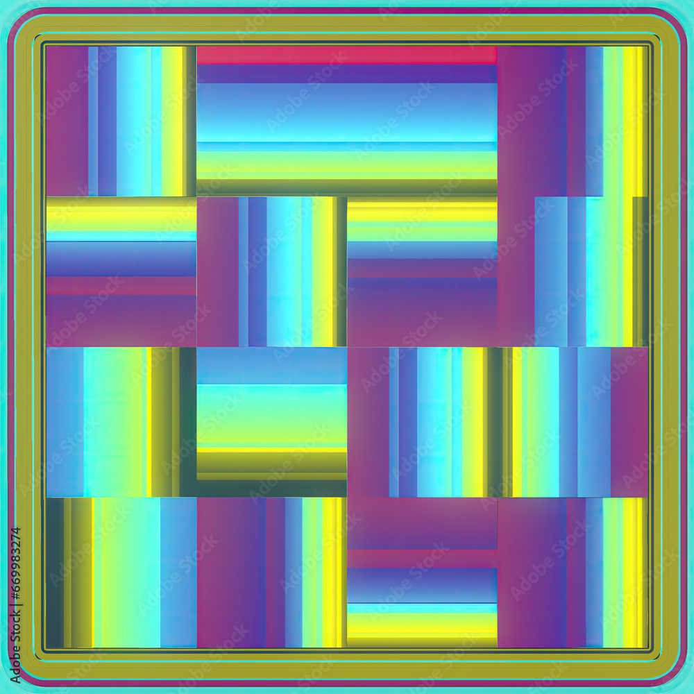 Poster 3d rendering illustration of square flip caps with iridescent neon texture. turquoise pink and yello