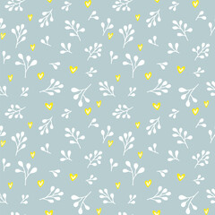 Leaves and heart seamless pattern. Romantic, vector, hand drawn illustration. 