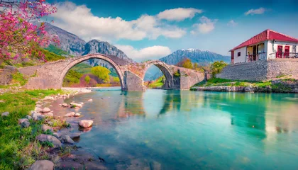 Keuken spatwand met foto stunning spring view of old mes bridge gorgeous morning landscape of shkoder colorful outdoor scene of albania europe traveling concept background © Nichole