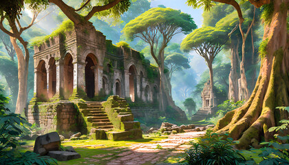 ai generated ai generative ancient old jungle forest building ruin history civilisation outdoor landscape graphic art