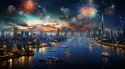 Fototapeta premium New Year Eve Firworks with Skyline