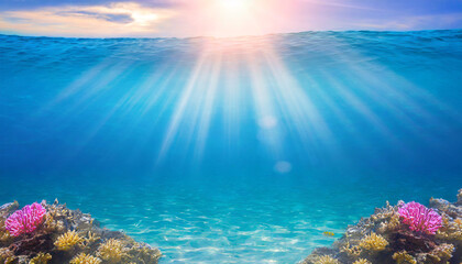 Fototapeta na wymiar beautiful blue ocean background with sunlight and undersea scene