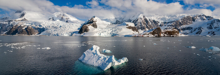 Panoramic view of Paradise Bay on the Antarctic Peninsula in Antarctica.