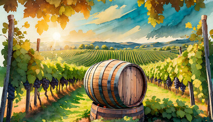 ai generated ai generative vintage vineyard wine barrel industry with wine grape field nature outdoor plant graphic art - obrazy, fototapety, plakaty