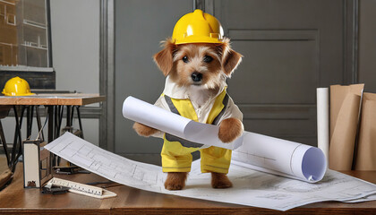 dog dressed in a tiny work suit holding a mini blueprint and standing in front of a small desk