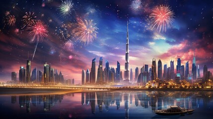 Fototapeta na wymiar New Year Eve Fireworks with Skyline