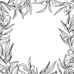 Fototapeta na wymiar Sketch Wreath of olive branch with berries and leaves. Hand drawn vector line art illustration. Black and white drawing of the symbol of Italy or Greek for cards, design logo, tattoo