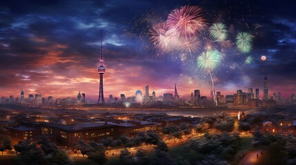 New Year Eve Firworks with Skyline