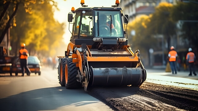 A paver finisher, asphalt finisher or paving machine placing a layer of asphalt during a repaving construction project timelapse