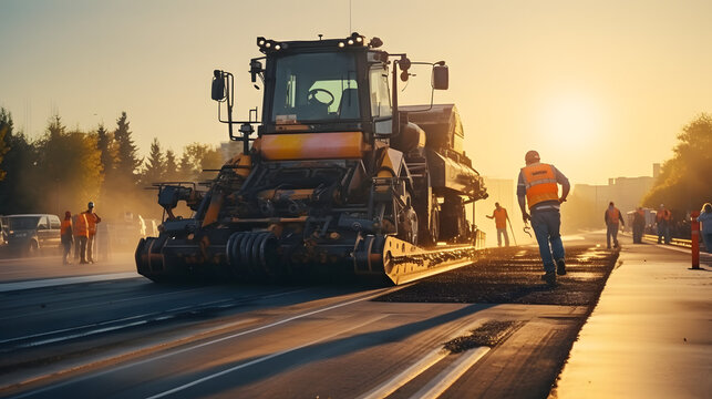 A paver finisher, asphalt finisher or paving machine placing a layer of asphalt during a repaving construction project timelapse
