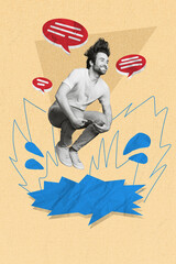 Vertical collage image of excited black white effect guy jump dive drawing water puddle dialogue...