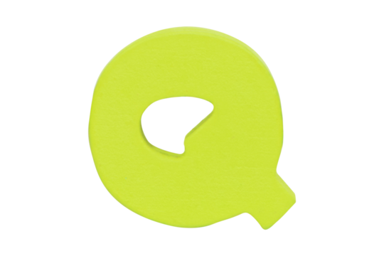 English alphabet letter uppercase "Q" Isolated on cutout PNG. Wooden jigsaw light green tangram puzzle as shape "Q". English. it is universal language used in learning education for children.