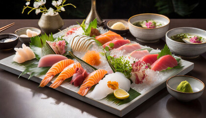 japanese cuisine assortment of sashimi n freshly sliced raw fish