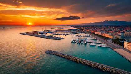 spectacular summer view from flying drone pescara port attractive sunset on adriatic sea breathtaking evening scene of italy europe
