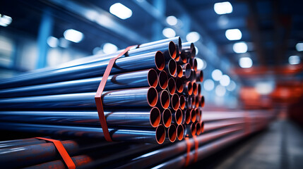 a stack of steel pipes in a warehouse or factory with a blurry background - obrazy, fototapety, plakaty