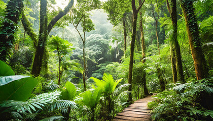 ai generated ai generative exotic tropical rainforest jungle forest green fresh landscape asia adventure explore tour graphic art - obrazy, fototapety, plakaty