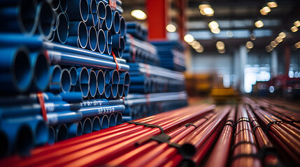 a stack of steel pipes in a warehouse or factory with a blurry background - obrazy, fototapety, plakaty