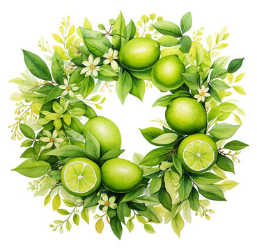 Watercolor lime wreath. Generative AI, png image.