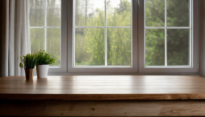 empty wooden table near the window with a view of blurred the trees outside the room background high quality photo
