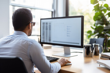 Man working on white screen of computer monitor in home office