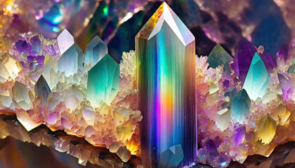 iridescent natural transparent glossy and magic geometric quartz crystal stucture generative ai