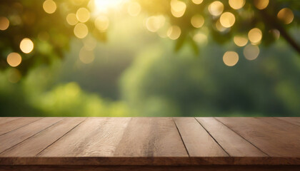 Naklejka na ściany i meble wooden table in front of blurred green nature background with bokeh sunshine high quality photo