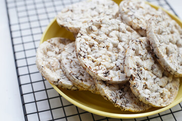 Round crispy rice crackers. Rice cakes