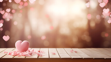 Wooden table with hearts and defocused bokeh hearts and rounds in pink and red colors, template with heart symbols, a mockup scene for Valentine's Day, anniversaries, and other heartfelt occasions.