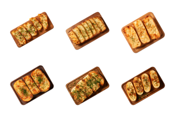 collection of top-view toasted garlic bread on wooden board isolated on a transparent background