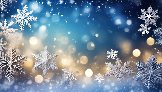 christmas background with snowflakes and bokeh glitter effect with room for copy ai generative art
