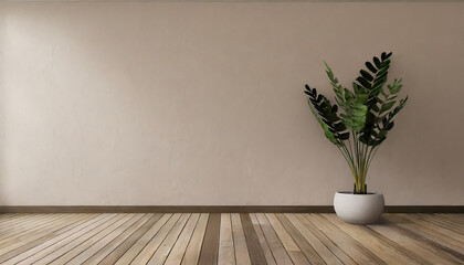 empty room interior background beige wall pot with plant wooden flooring 3d rendering